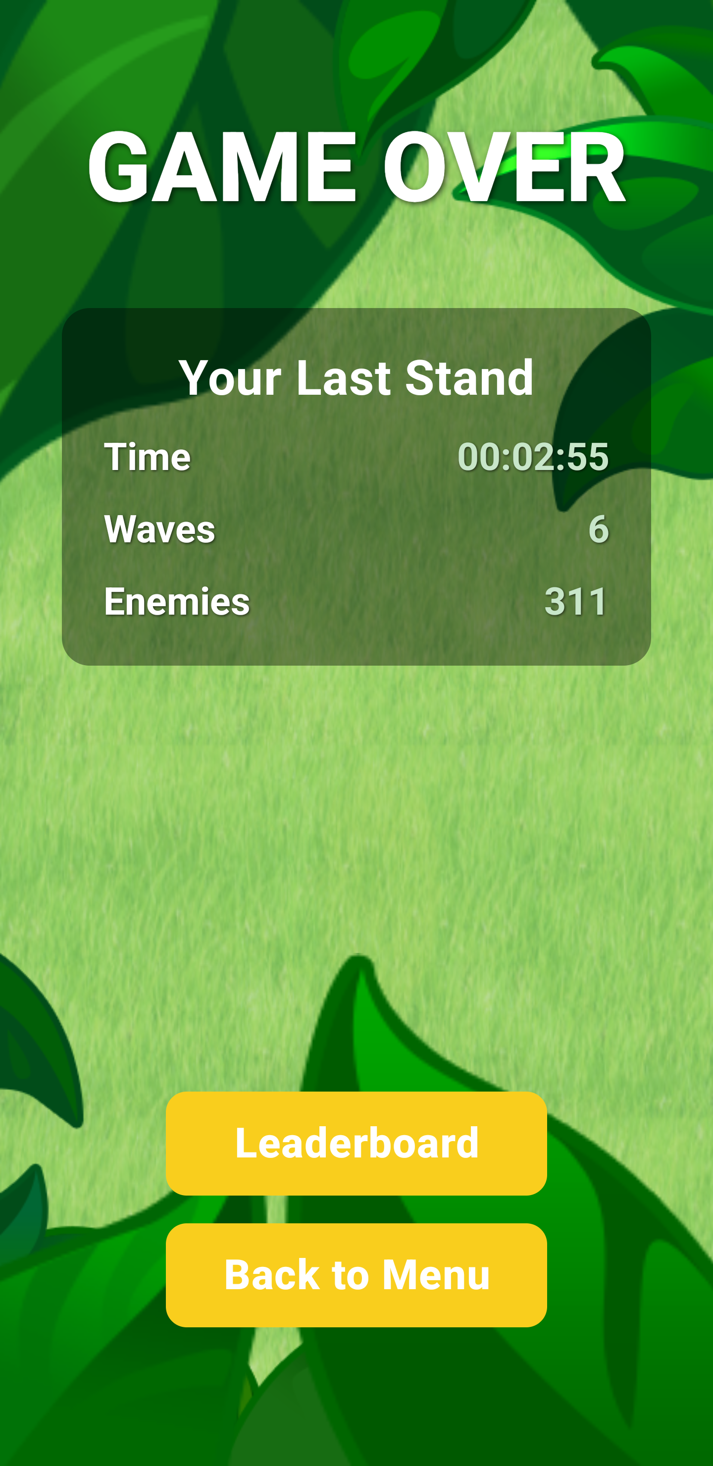 Angry Vegetables game over screen showing the last stand results