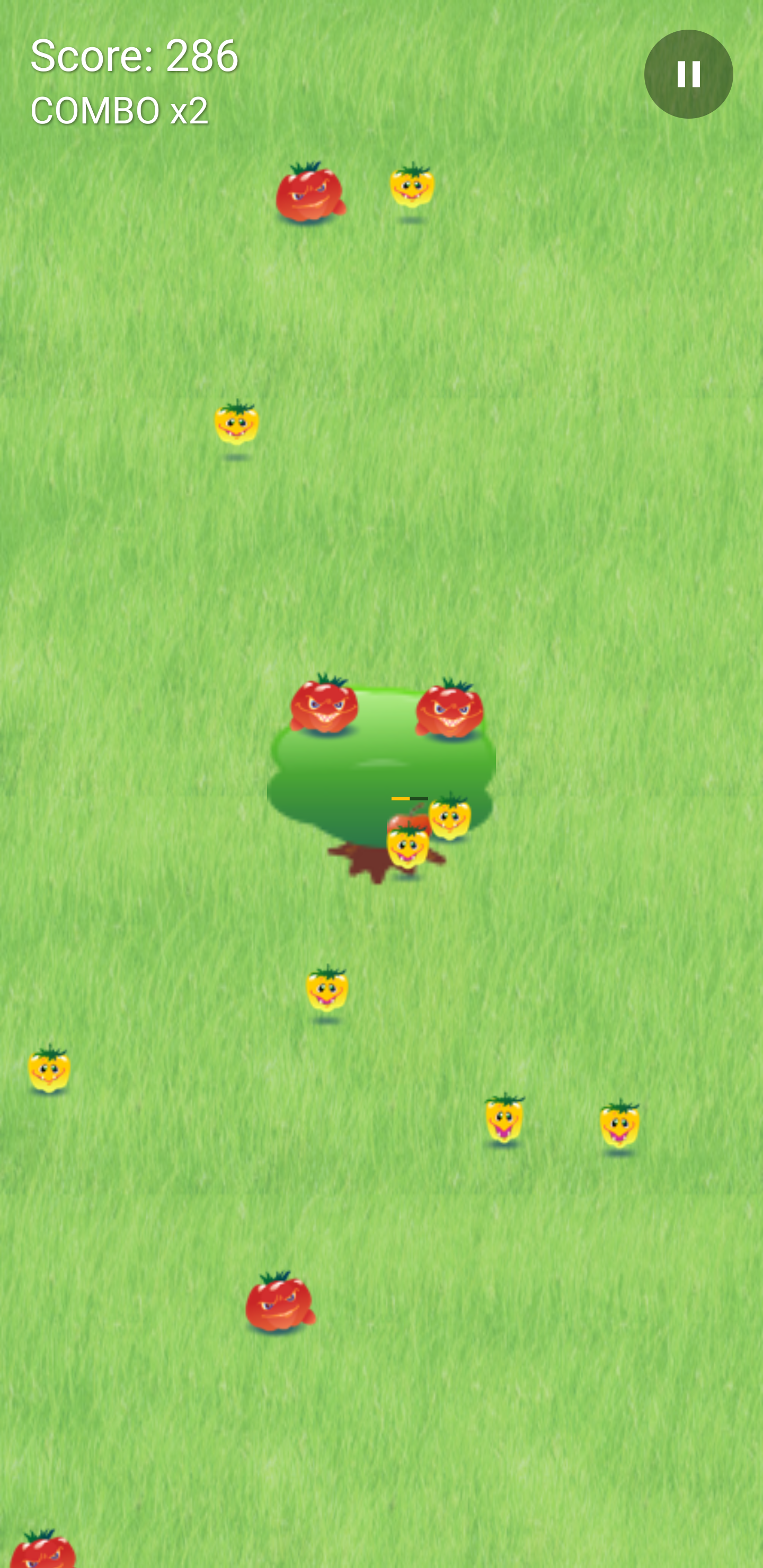 Angry Vegetables gameplay showing score, combo, and vegetable enemies