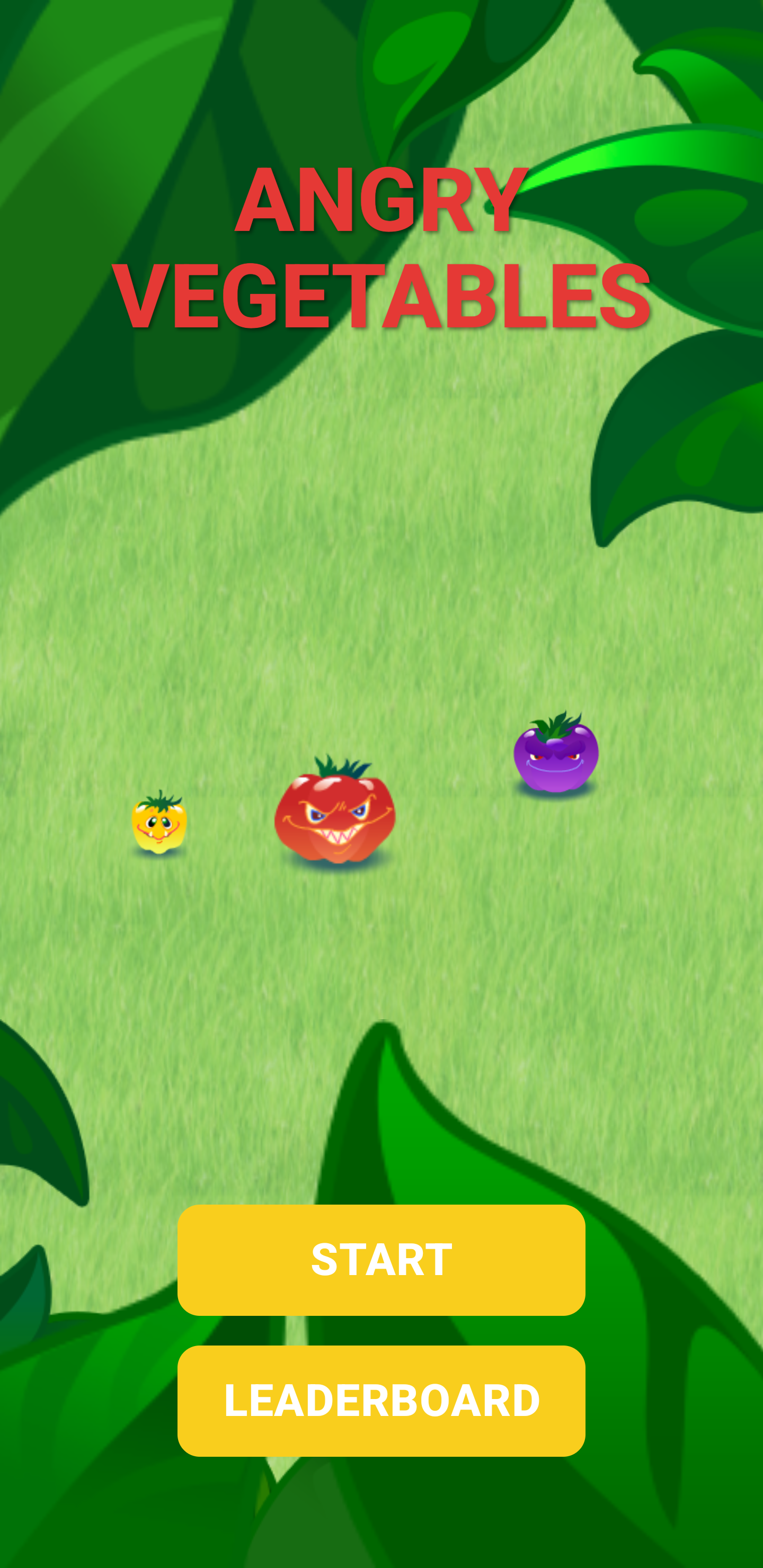 Angry Vegetables main menu with Start and Leaderboard buttons
