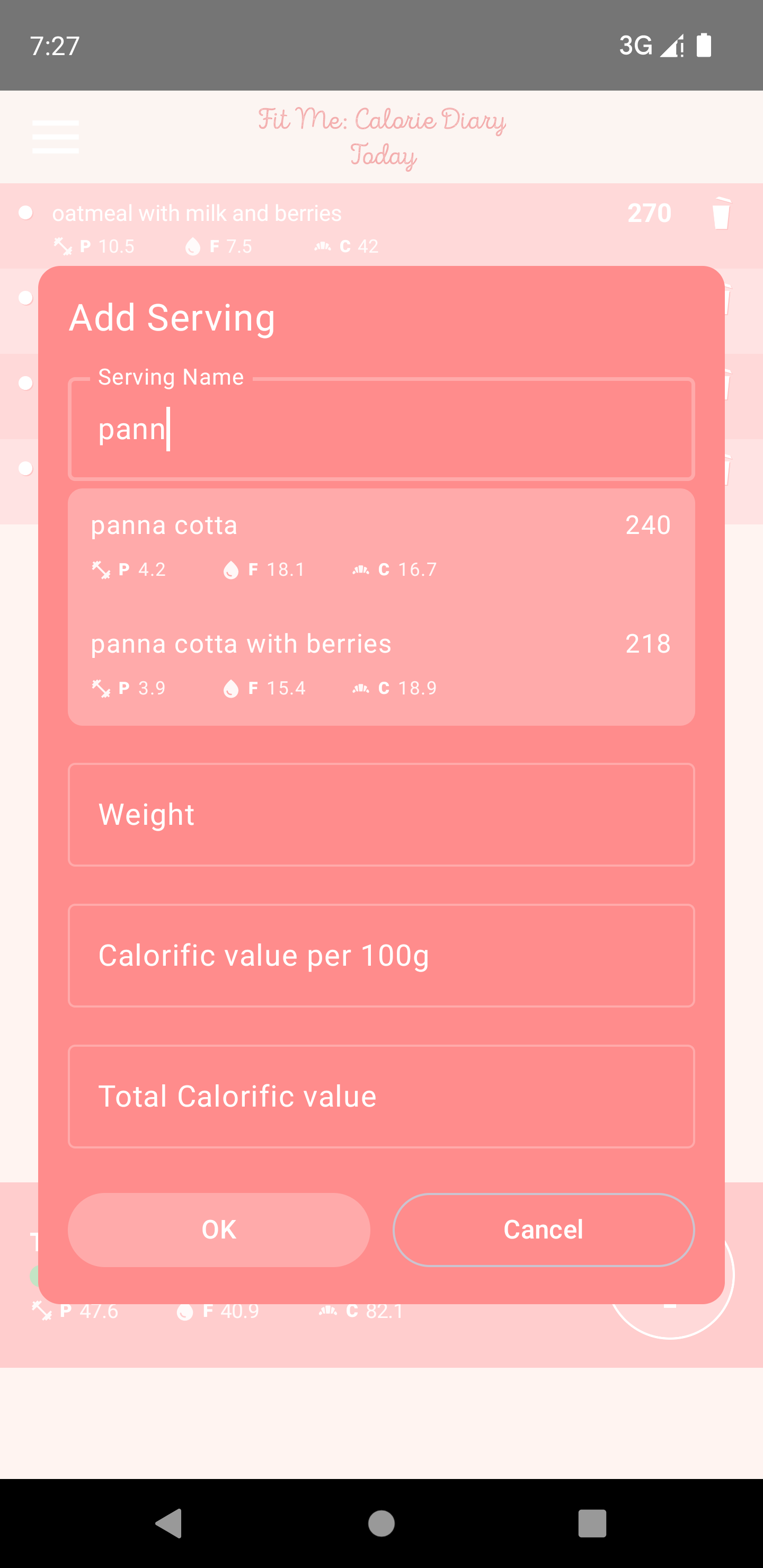 FitMe add serving screen with food search and nutrition details