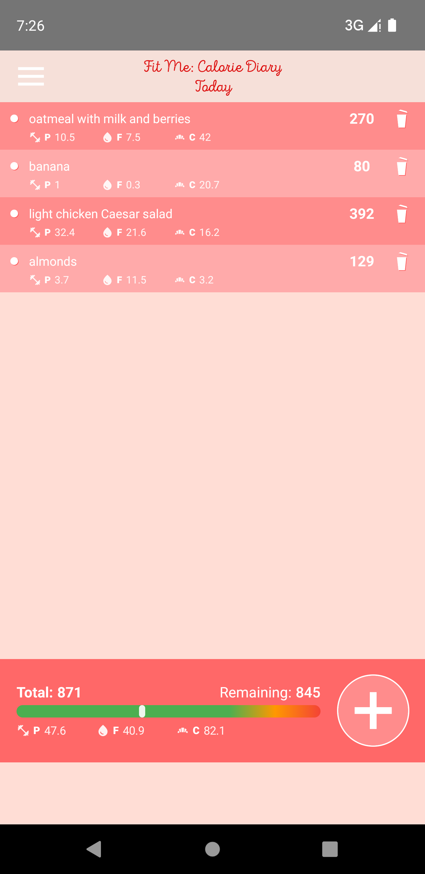 FitMe calorie diary screen showing logged meals and daily nutrition totals